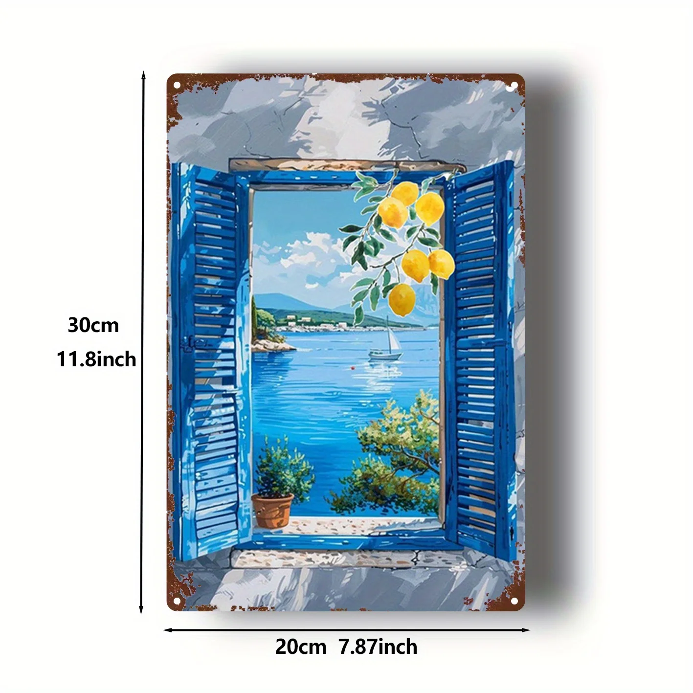 2D Flat - 1pc Mediterranean Coastal Blue Shutters & Lemon Tree Window Metal Wall Art - Turquoise Greek Island Decor - Vintage Se