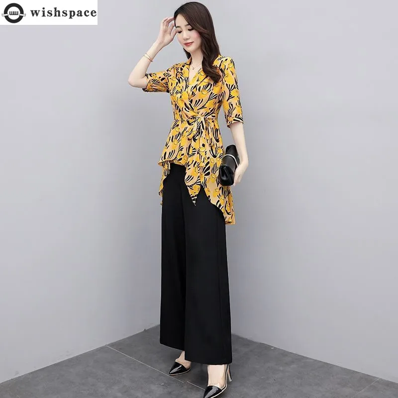 Fashion Age Reducing Set Women's Spring/Summer 2023 New Printed Chiffon Top Casual Wide Leg Pants Show Thin 2PK Set