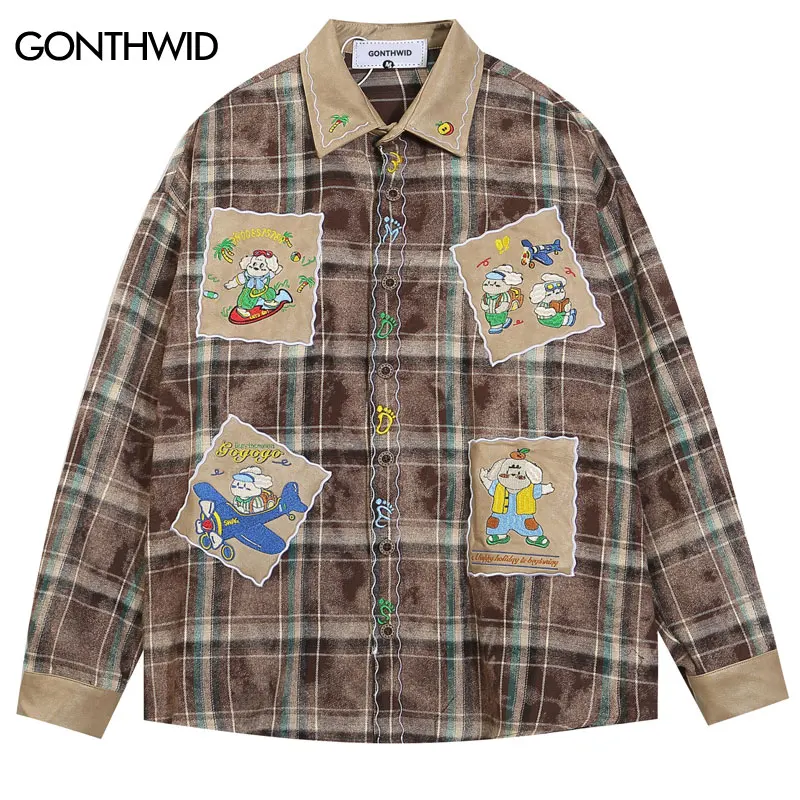 Vintage Plaid Shirt Y2K Embroidery Cartoon Patchwork Button Up Long Sleeve Cotton Blouse Harajuku Hip Hop Loose Tops Streetwear