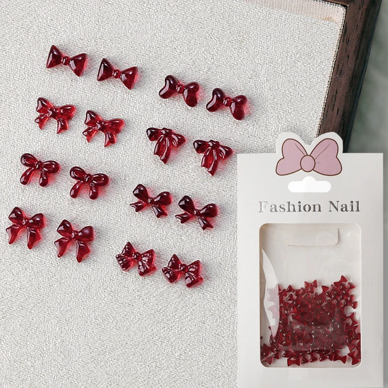 100PCS 3D Clear Red Bow Nail Art Decoration Charms Accessories Sample Bowknot Parts For Manicure Decor Nails Art Design Supplies