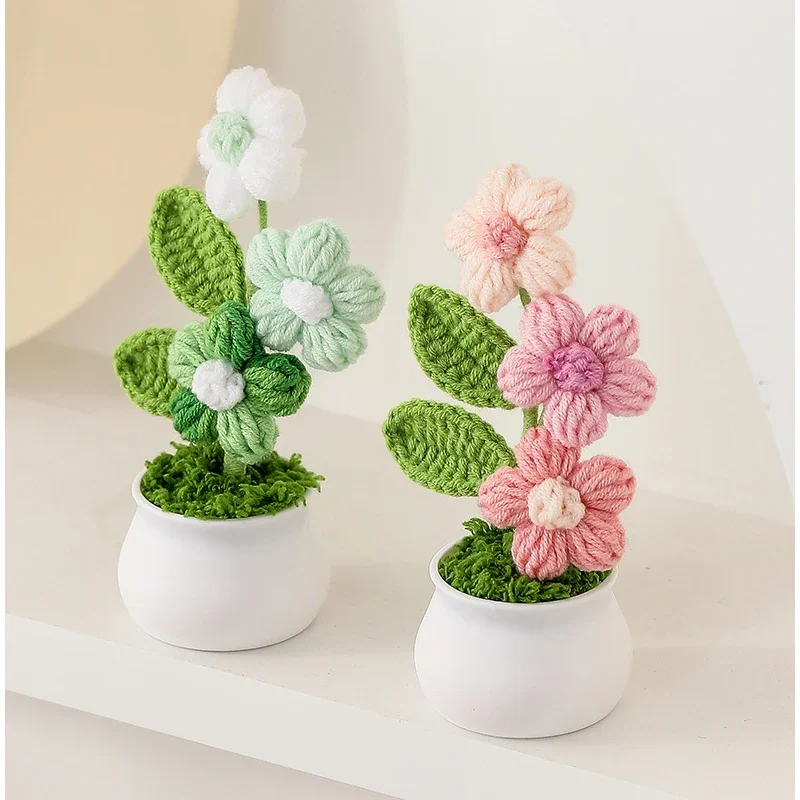 Creative Kintted Flower Potted Mini Artificial Flowers Finished Hand Woven Crochet Plant Cute Car Table Home Decor Gift