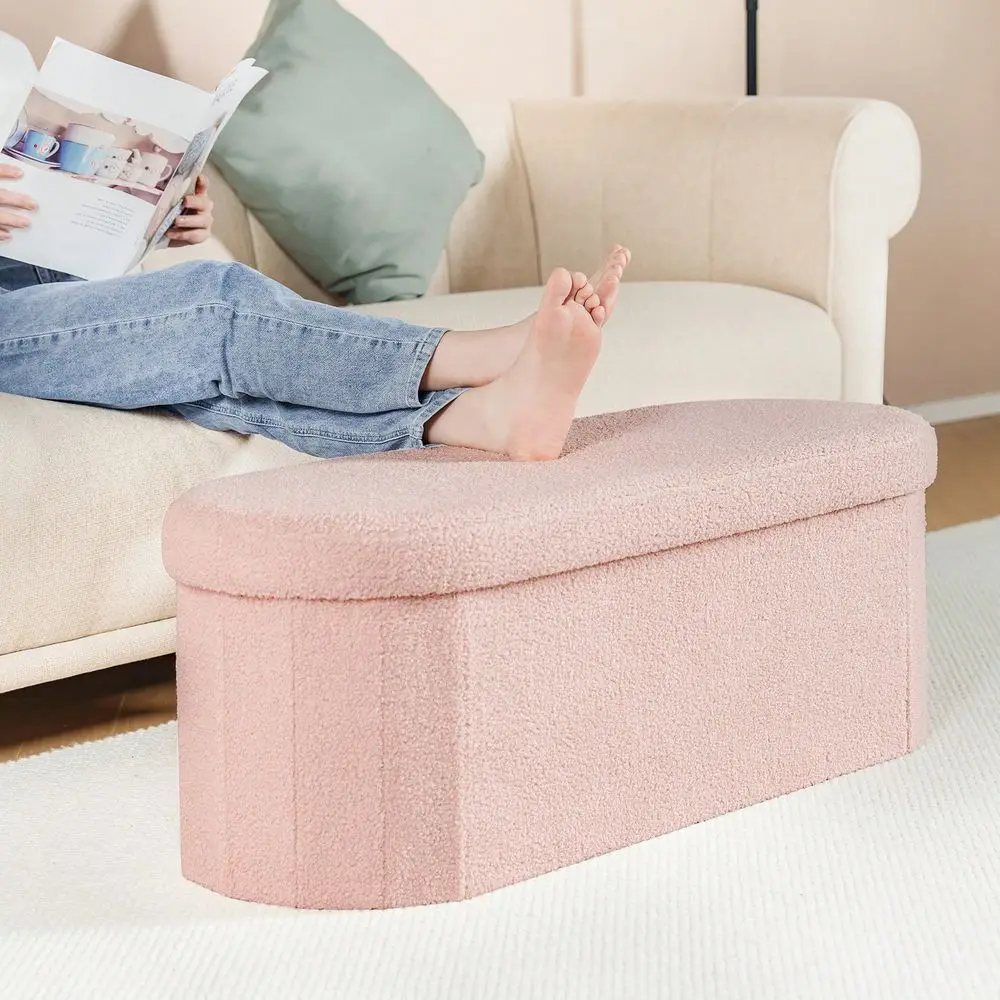 With Storage Bench, Boucle Footstool Oval, Sherpa Foldable Foot Rest, 43.3 Inches Collapsible End Of Bed Stool, Velvet Ideal For