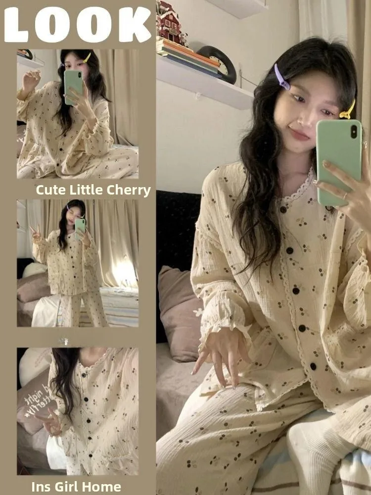 Cherry Print Lace Trim Long Sleeve Open Cardigan Style Loose Home Clothes Set for Women Sweet Cute Trendy Home Sleepwear