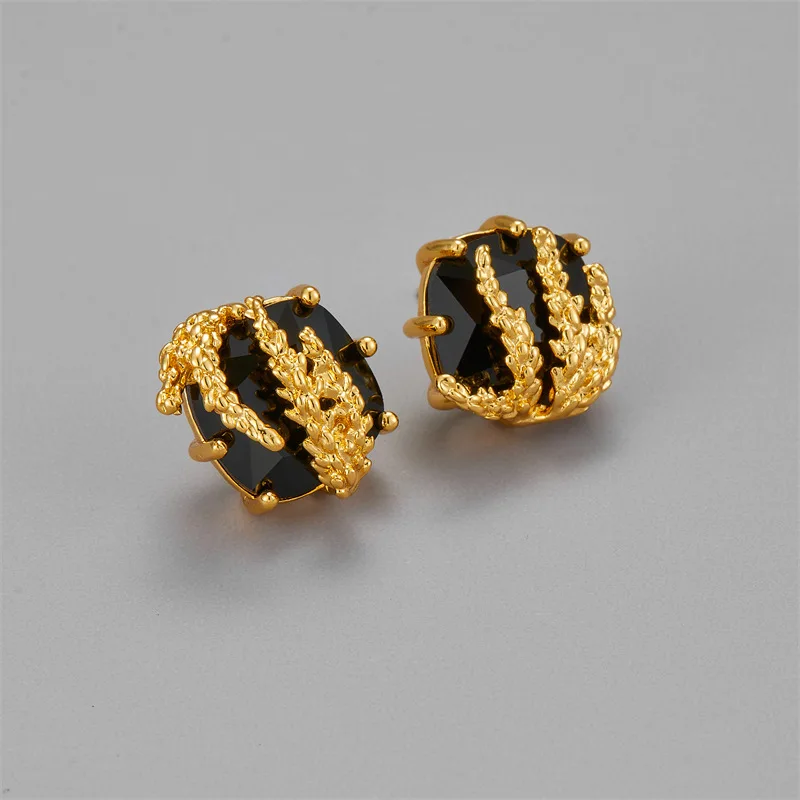 

Light Luxury Style Asymmetric Golden Wheat Black Cube Geometric Stud Earrings for Women