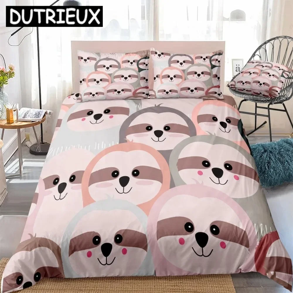 Cartoon Sloth Duvet Cover Set Pink Grey Animal Bedding Kids Boys Girls Cute Sloth Quilt Cover Queen Bed Set Colorful Dropship