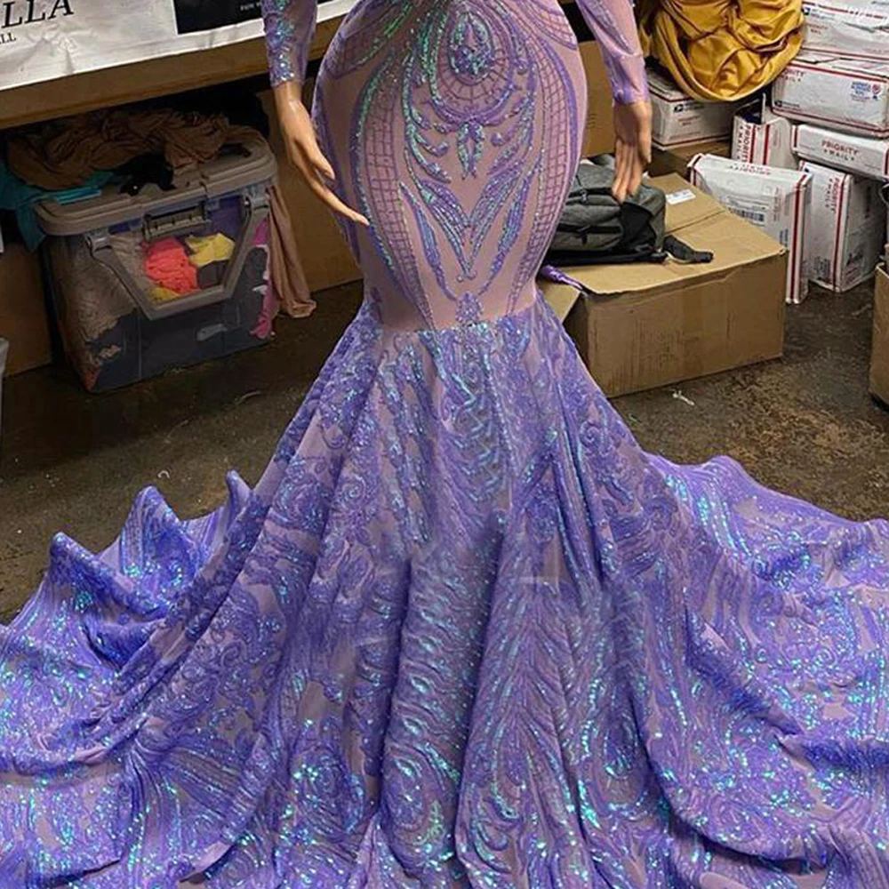 Long Sleeves Women Purple V Neck Prom Dresses 2023 African Mermaid Lace Sequined Evening Gowns Black Girls Ruffles Hem Vestidos