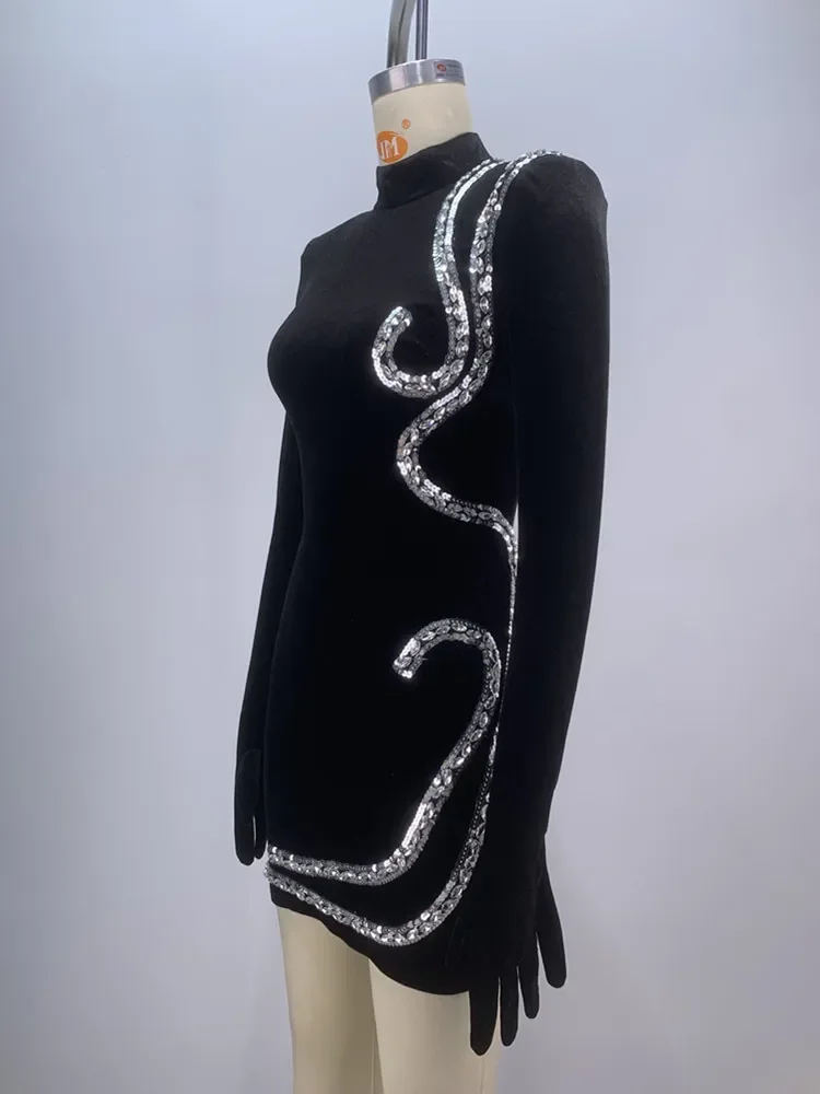 Sexy Long Sleeve Turtleneck Black Crystal Diamonds Black Velvet Women Celebrity Dress 2024 Elegant Party Evening Club Vestido