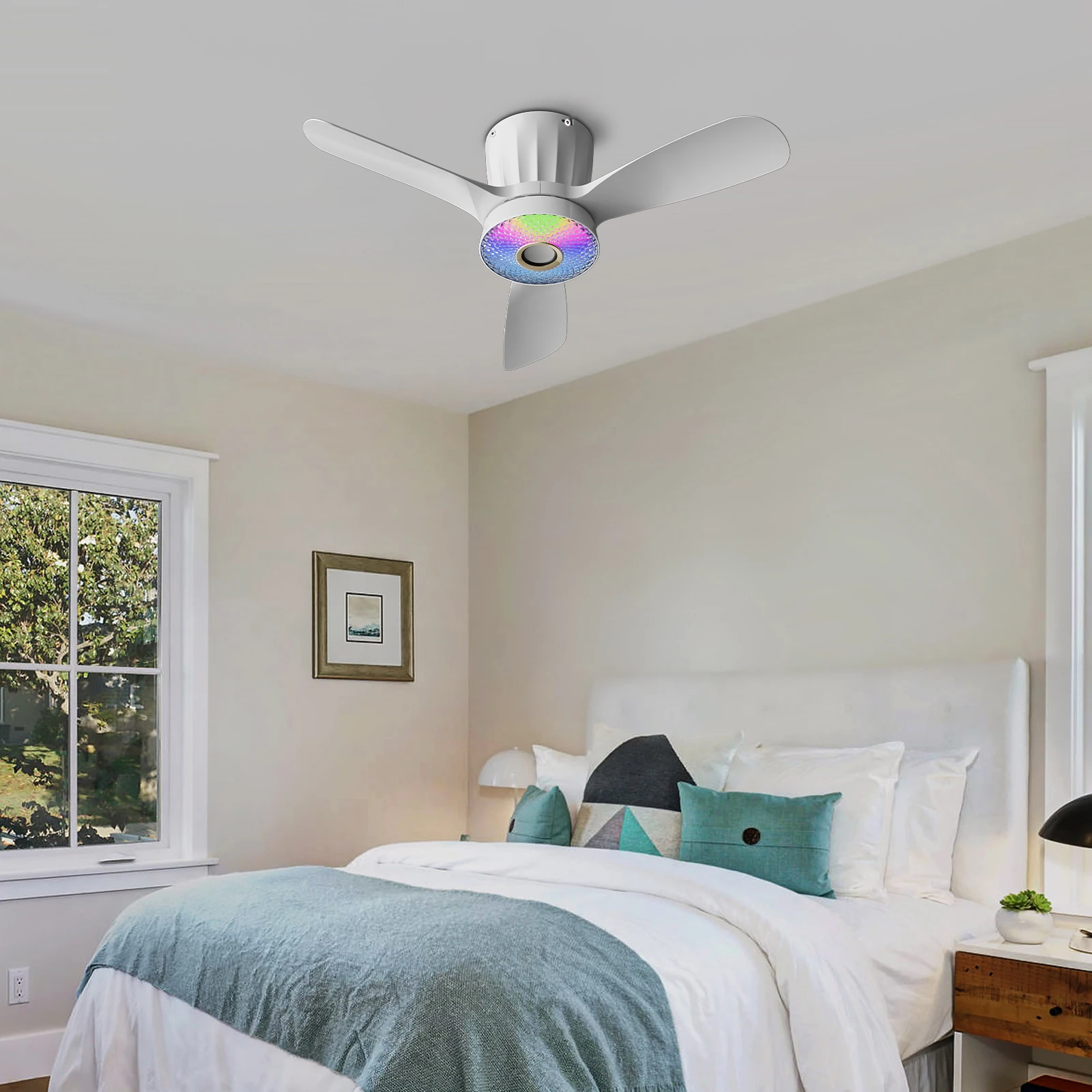 Intelligent fan light, RGB lighting, speaker, 43W power, three speed regulation, timing function.