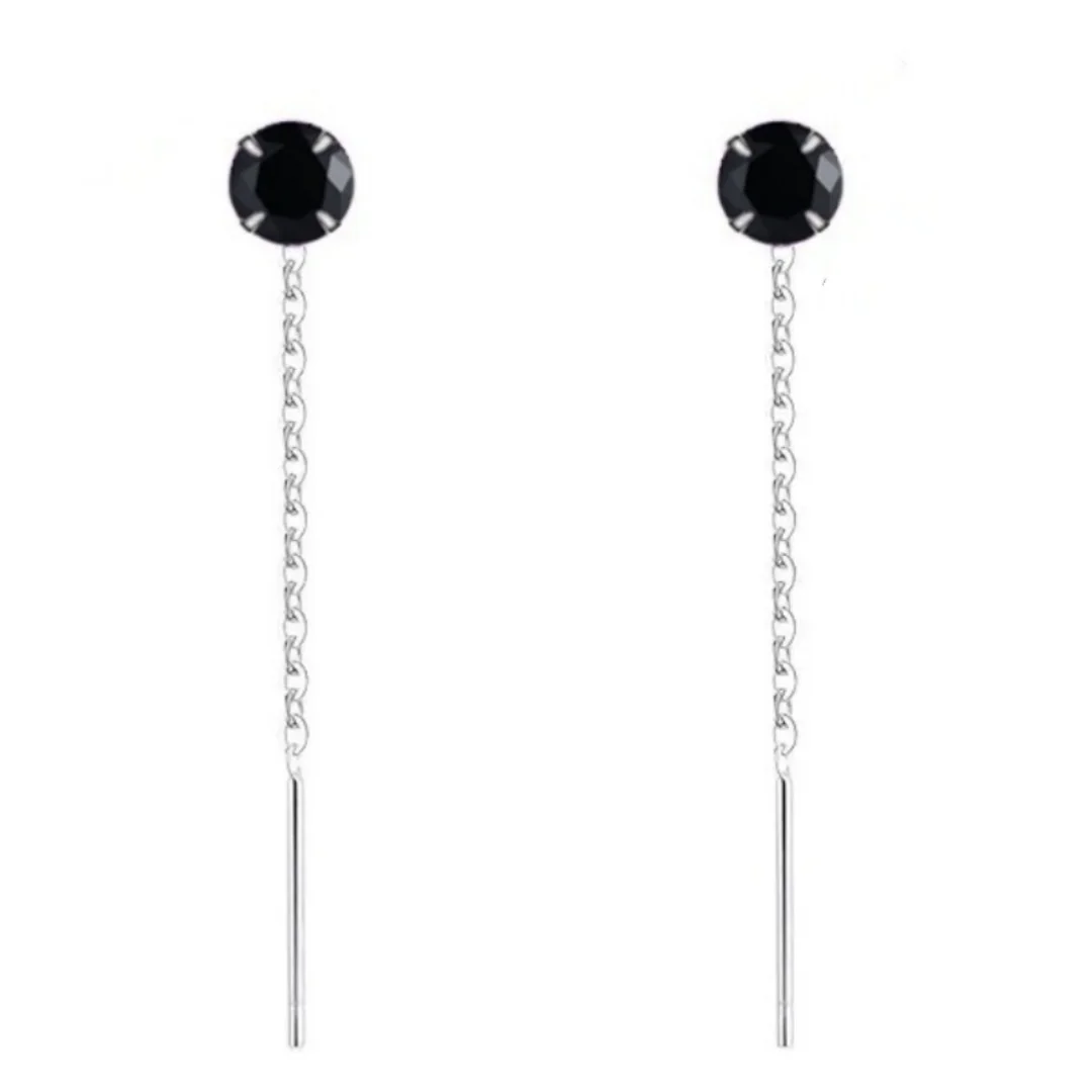 1Pair S925 Sterling Silver Black Cubic Zirconia Threader Earrings, Slim Chain Drop Earrings for Date & Holiday