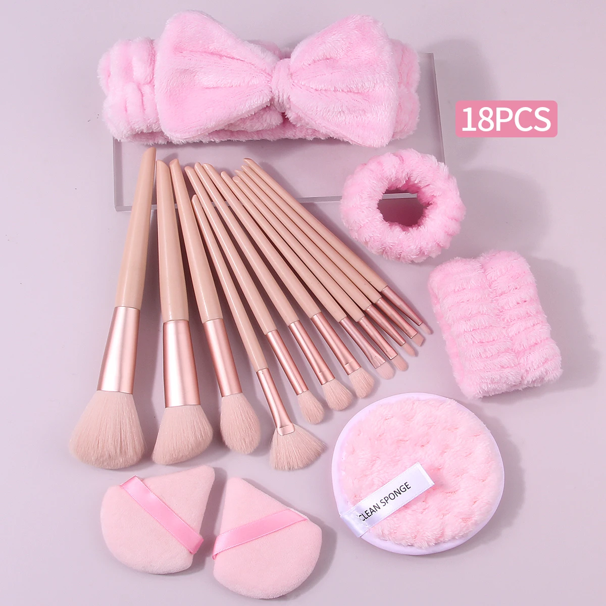 18個入り多目的メイクブラシセット＆ソフトヘアバンドリストバンド、丸型パウダーパフ＆ノンスティック扇形パウダーパフ