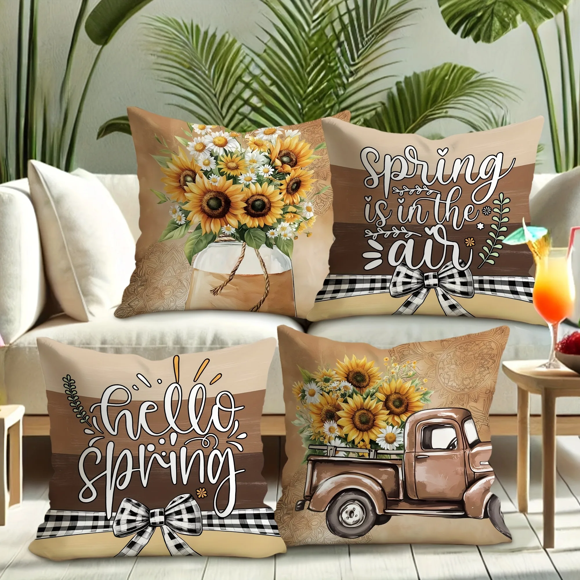Sunny Spring Pillow Cover: Cheerful Sunflowers, Vintage Truck and Spring Greetings, Sofa Cushion Cover, Bedroom Room Decor Short