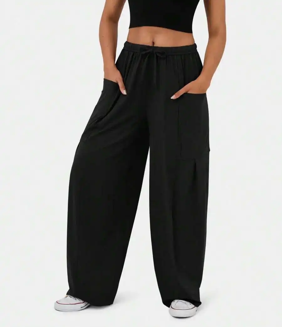 

Women Wide Leg Cargo Pants With Drawstring Waist Loose Fit Casual Lounge Trousers Pockets Lightweight Summer