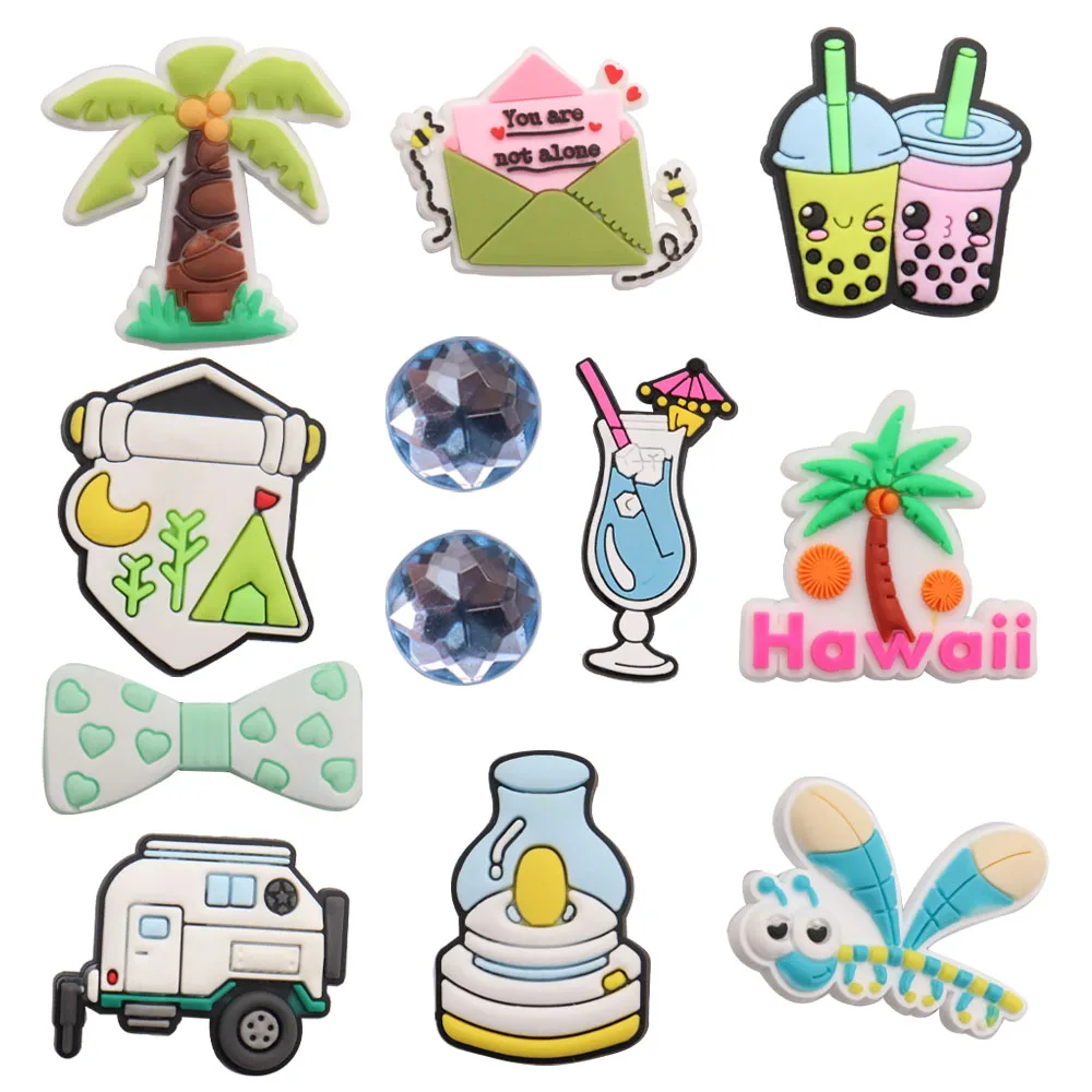 Mix 50pcs PVC You Are Not Alone Bow Milk Tea Coconut Tree Dragonfly Sandals Shoe Charms Accessories Shoe Buckle For Backpack