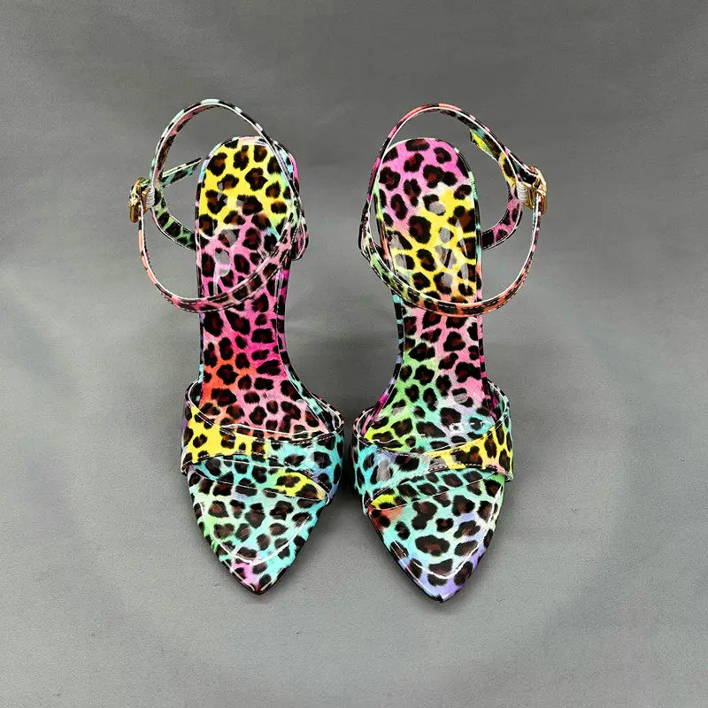 

New Colorful Leopard Pattern 12cm Sexy Fashion Sandals for Women with Thin Heels, One Straw, Open toed Single Shoes