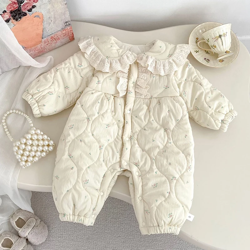

2025 New Winter 0-24M Baby Thicken Warm Clothing Infant Baby Girls Jumpsuit Long Sleeved Print Newborn Baby Girls Bodysuits