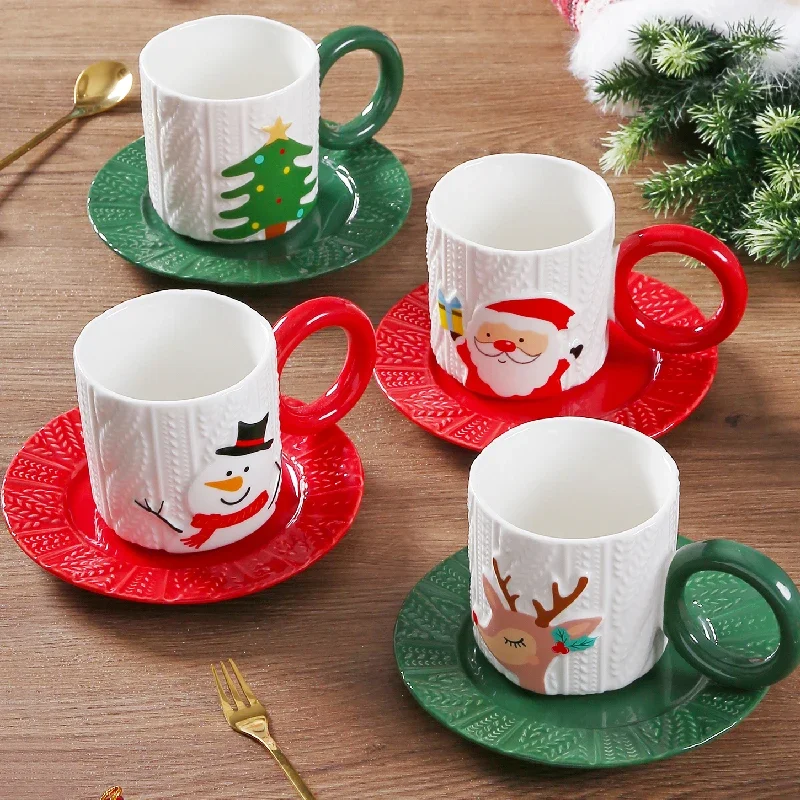 

Relief Grain Hand-painted Ceramic Cups and Saucers Creative Hand-painted Santa Claus Elk Coffee Cup Set Drinking Holiday Gifts