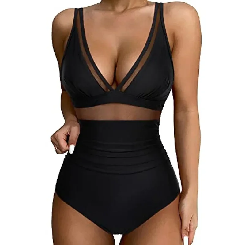 

New Hot Sale Of The Season One-Piece Swimsuit Women's Slim Fit Mesh Splice Multi-Color Print Swimwear Sportswear And Accessories