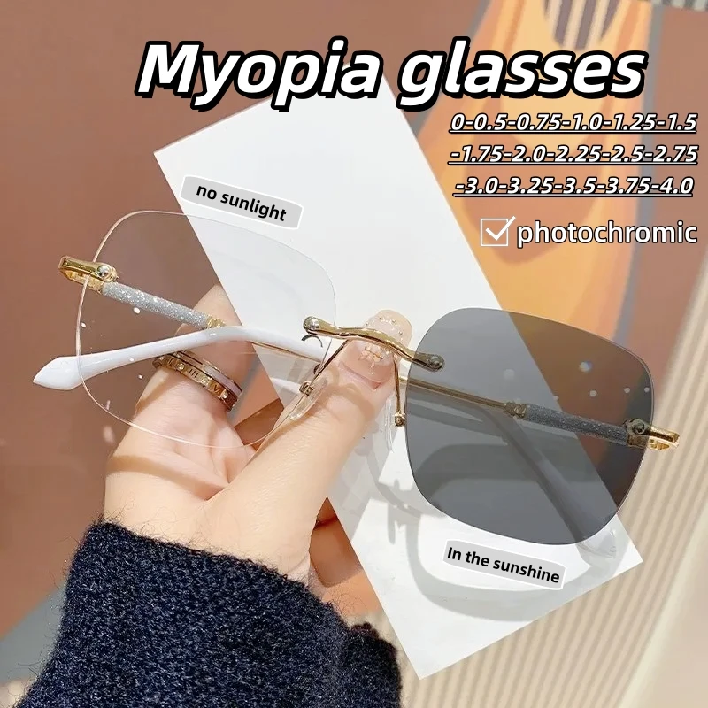 

Photochromic Blue Light Blocking Prescription Glasses Anti Glare Unisex Rimless Frame with UV Protection HD Lenses
