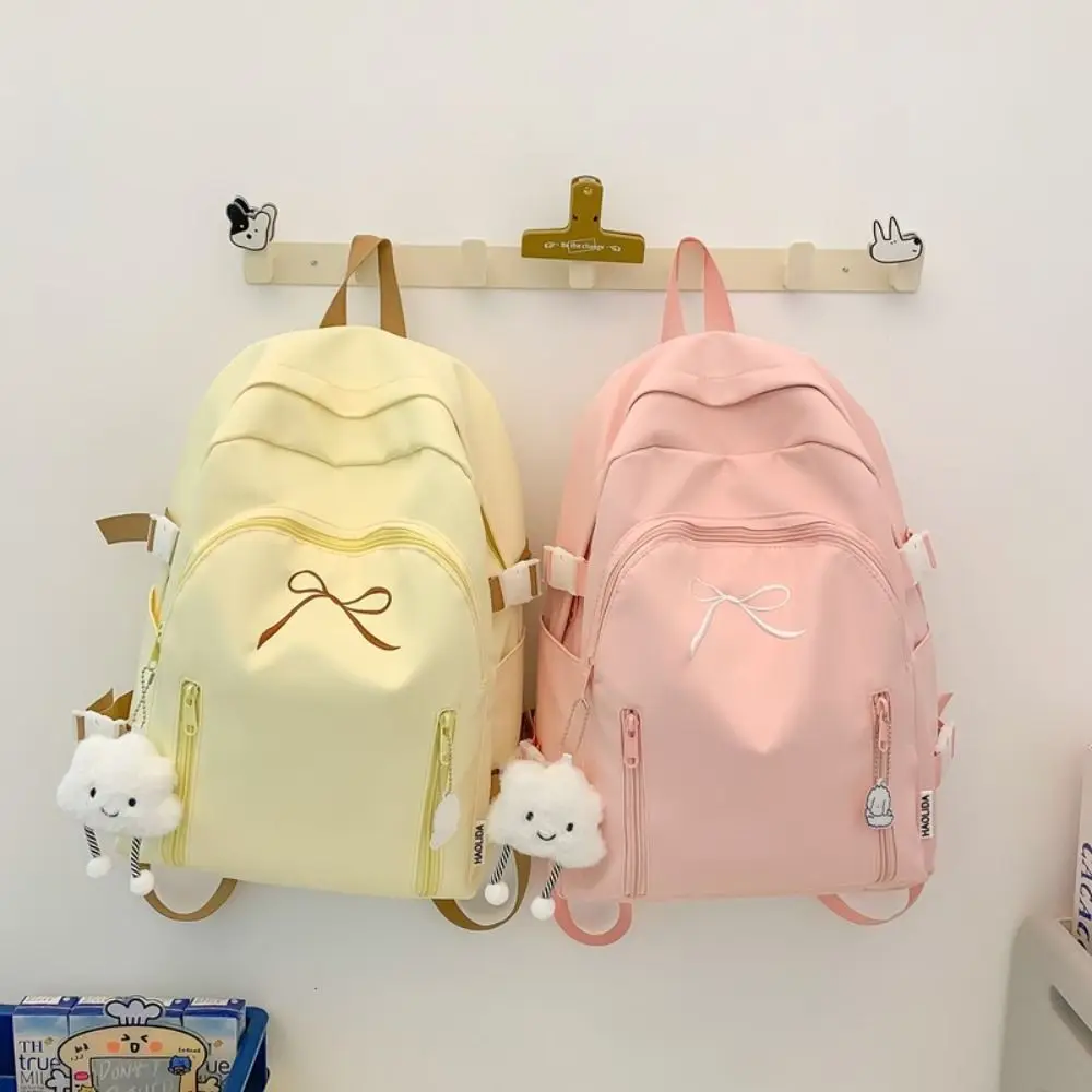 

Sweet Casual Student Schoolbag Large Capacity Solid Color Bow Backpack Simple Book Bag Nylon Shoulder Bag Travel Backpack