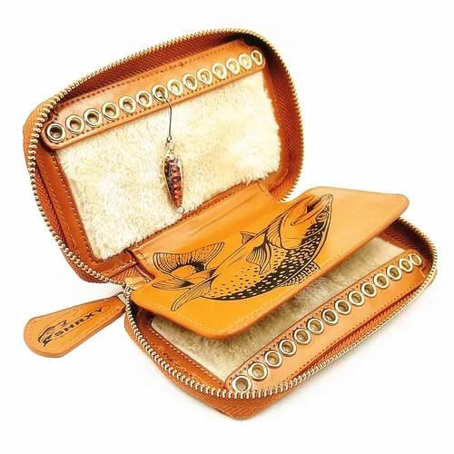 Bolsa de almacenamiento para anzuelos con lentejuelas para pesca con mosca, billetera de piel de vaca de fieltro para anzuelos, aparejos de cebo para pescadores