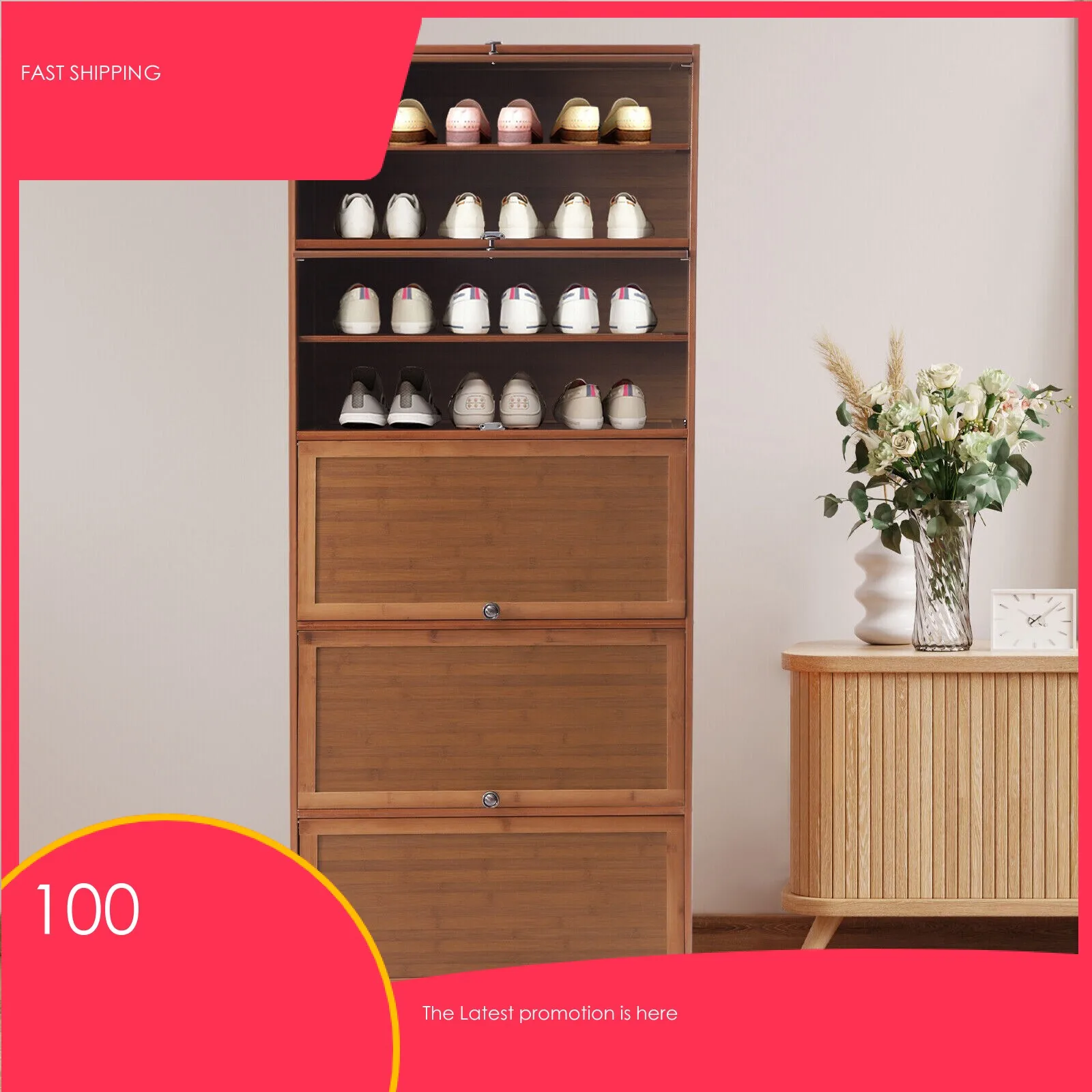 10 Tier Bamboo Shoe Cabinet Brown Entryway Shoe Rack Floor Mount Shoe Cabinet Bookshelf Concealed Sliding Doors Storage Rack