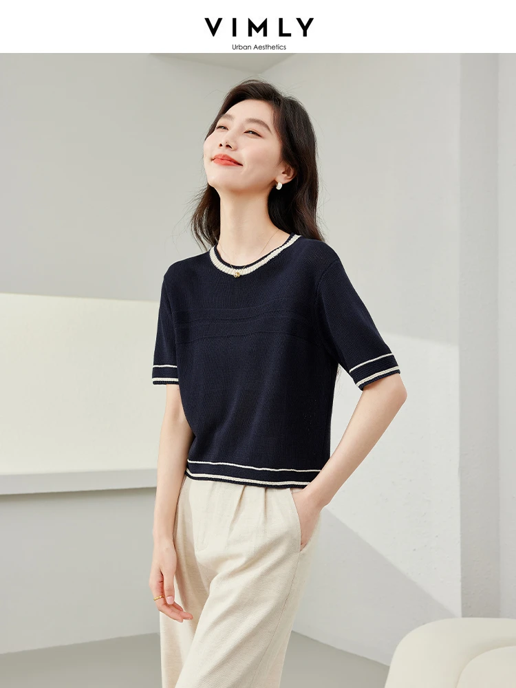 Vimly Apricot Round Neck Short Sleeve T-shirt Women 2024 Summer Simple High Strecth Thin Female Pullovers Tshirt Clothes 72893