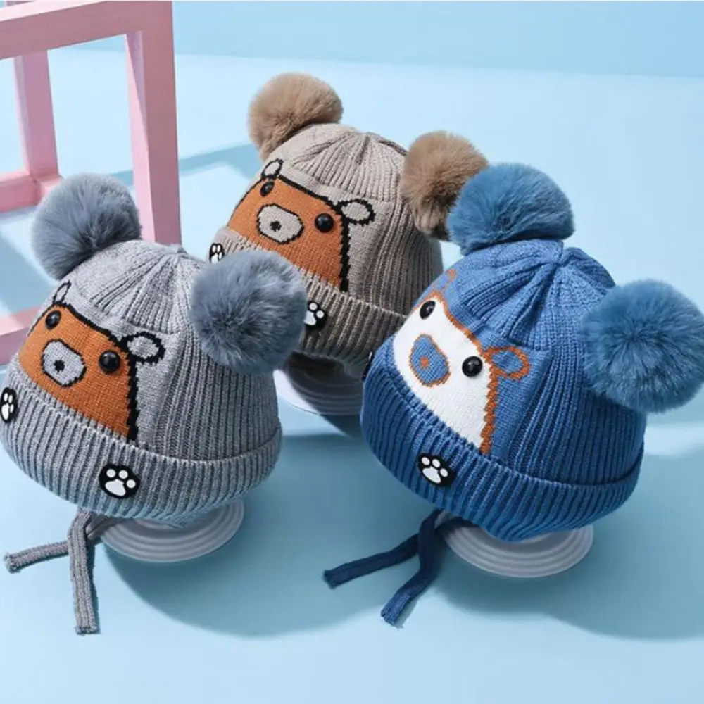 Novo inverno de malha bebê earmuffs bola de pelúcia à prova de frio bebê malha boné de pelúcia fofo engrossar chapéu quente