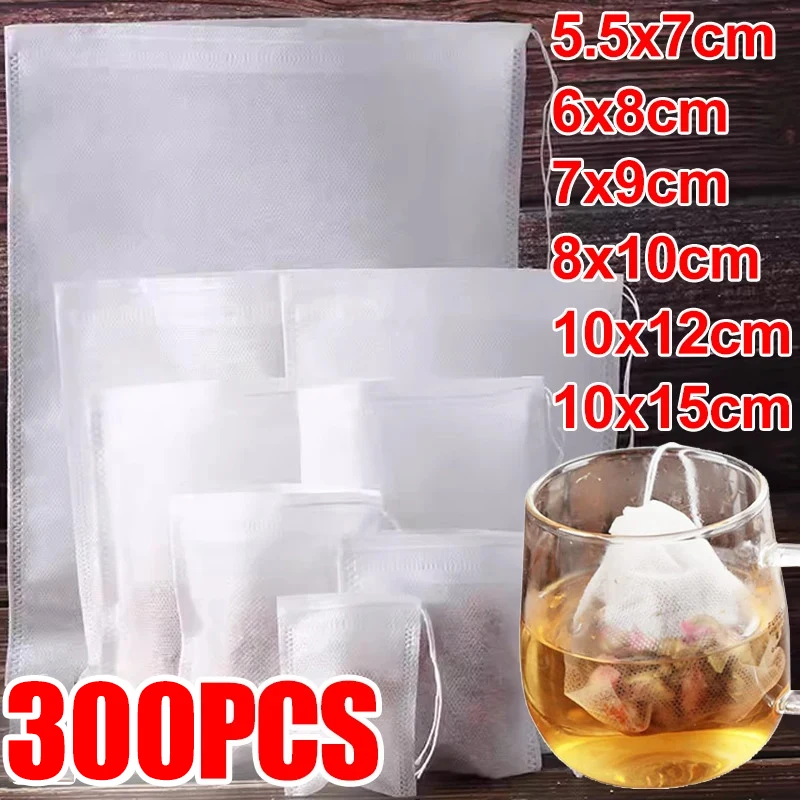 300/50PCS Disposable Teabags Non-woven Fabric Tea Filter Bags for Coffee Spice Tea Bag with Drawstring Filters Kitchen Teaware