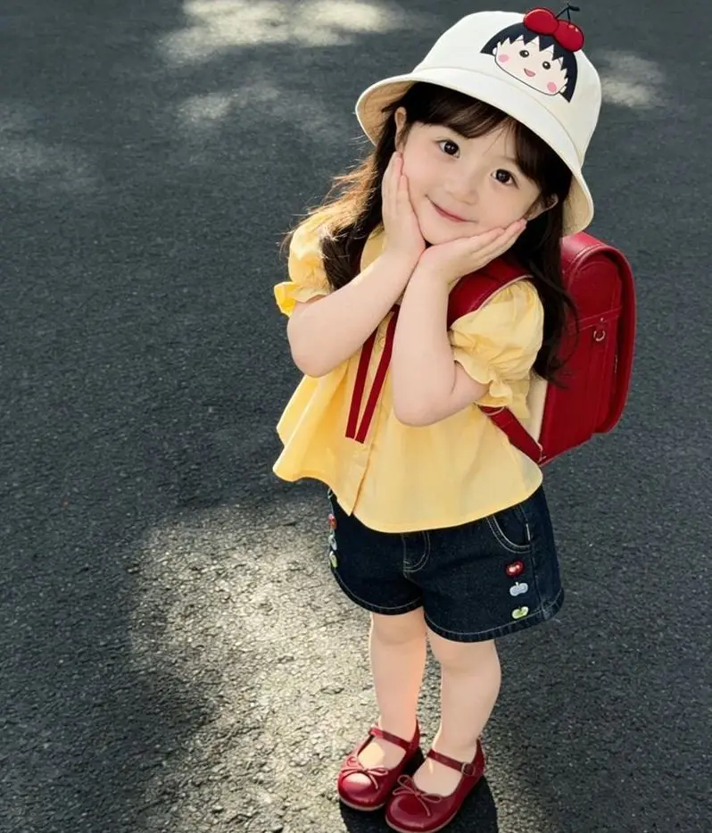 

Girls Summer Outfit Set New 2026 Style Children's Baby Doll Shirt And Denim Shorts Two-Piece Set