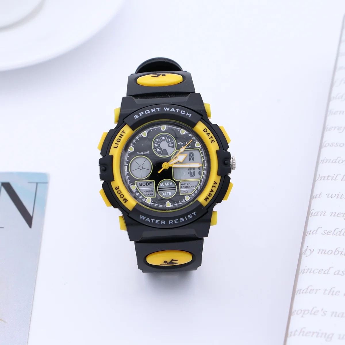 Waterproof Digital Sports Watch Yellow Multifunctional Outdoor Electronic Wristwatch 50m Water Resistant PU Band Stopwatch Night