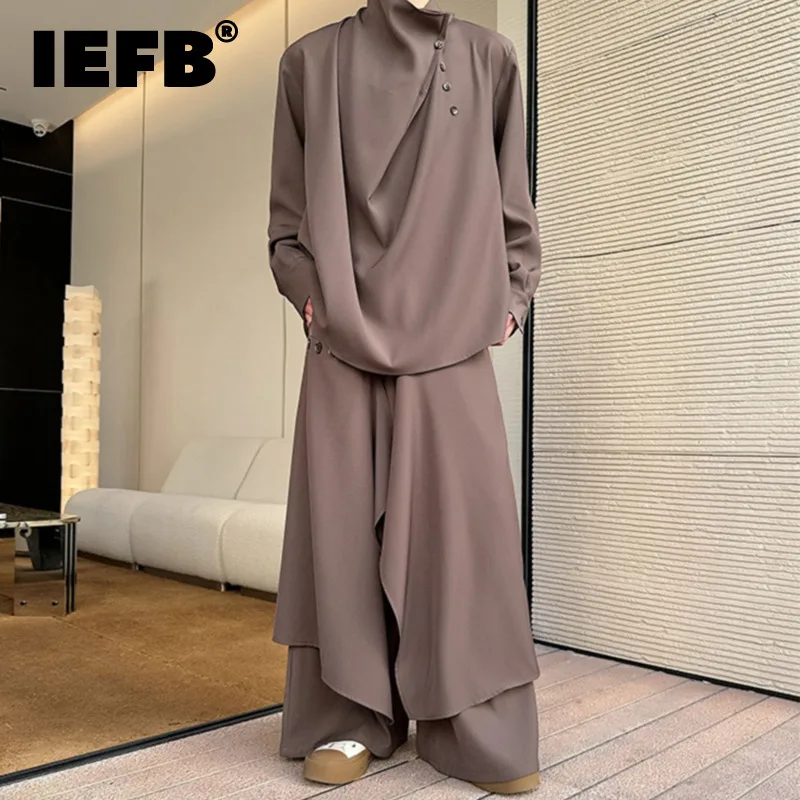 IEFB New Autumn Male Two-piece Fashion Long Sleeve Tops Personalized Irregular Design Straight Wide Leg Pants Men\'s Sets 9C5263