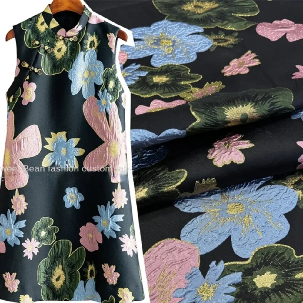 

Черная роза, красная тканая жаккардовая парчовая ткань для шитья своими руками, металлическая проволока, рельефное платье с цветком, модный дизайн, ткань