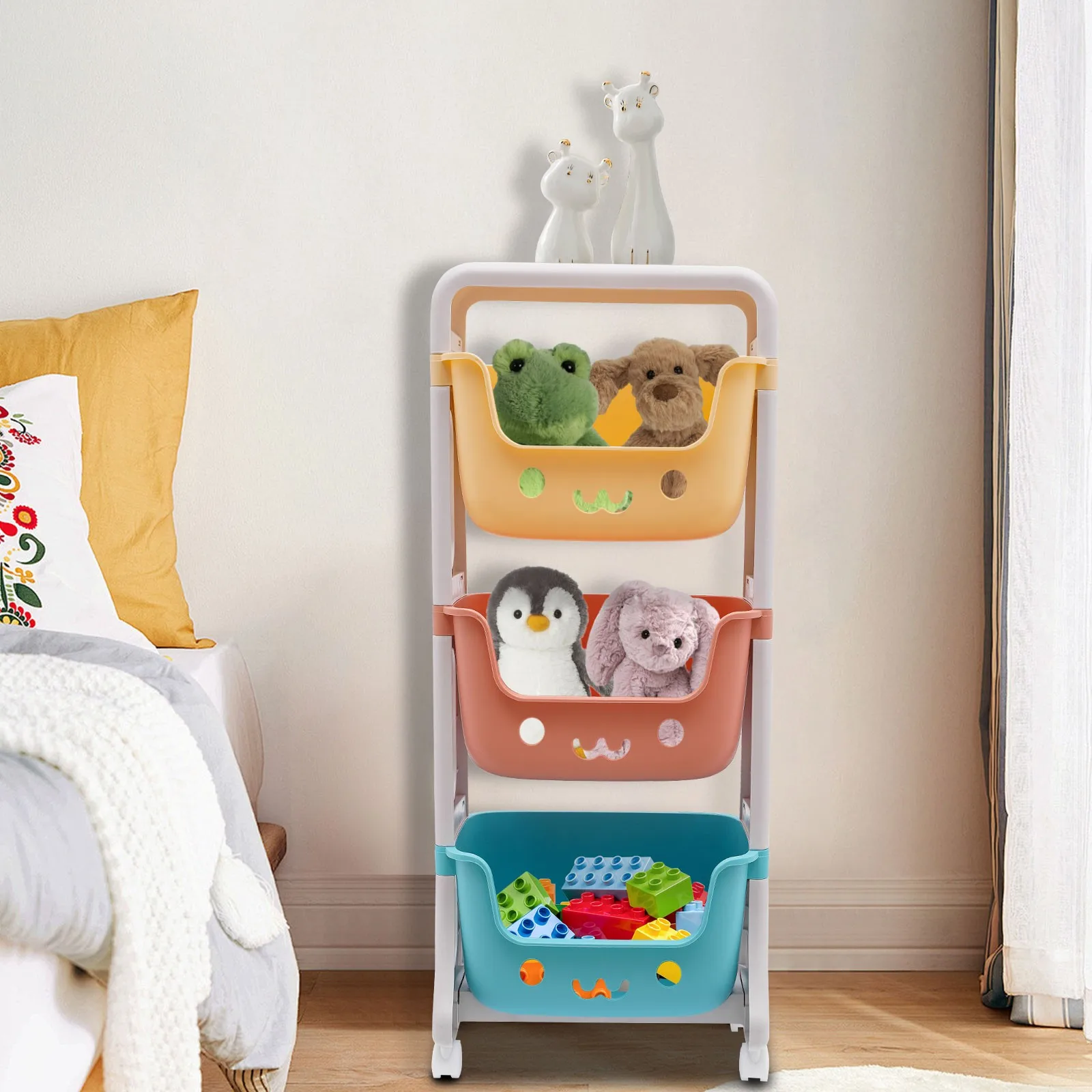 

Storage Organizer, 3-Tier Stackable Rolling Cart, Storage Bins Organizer+Wheels