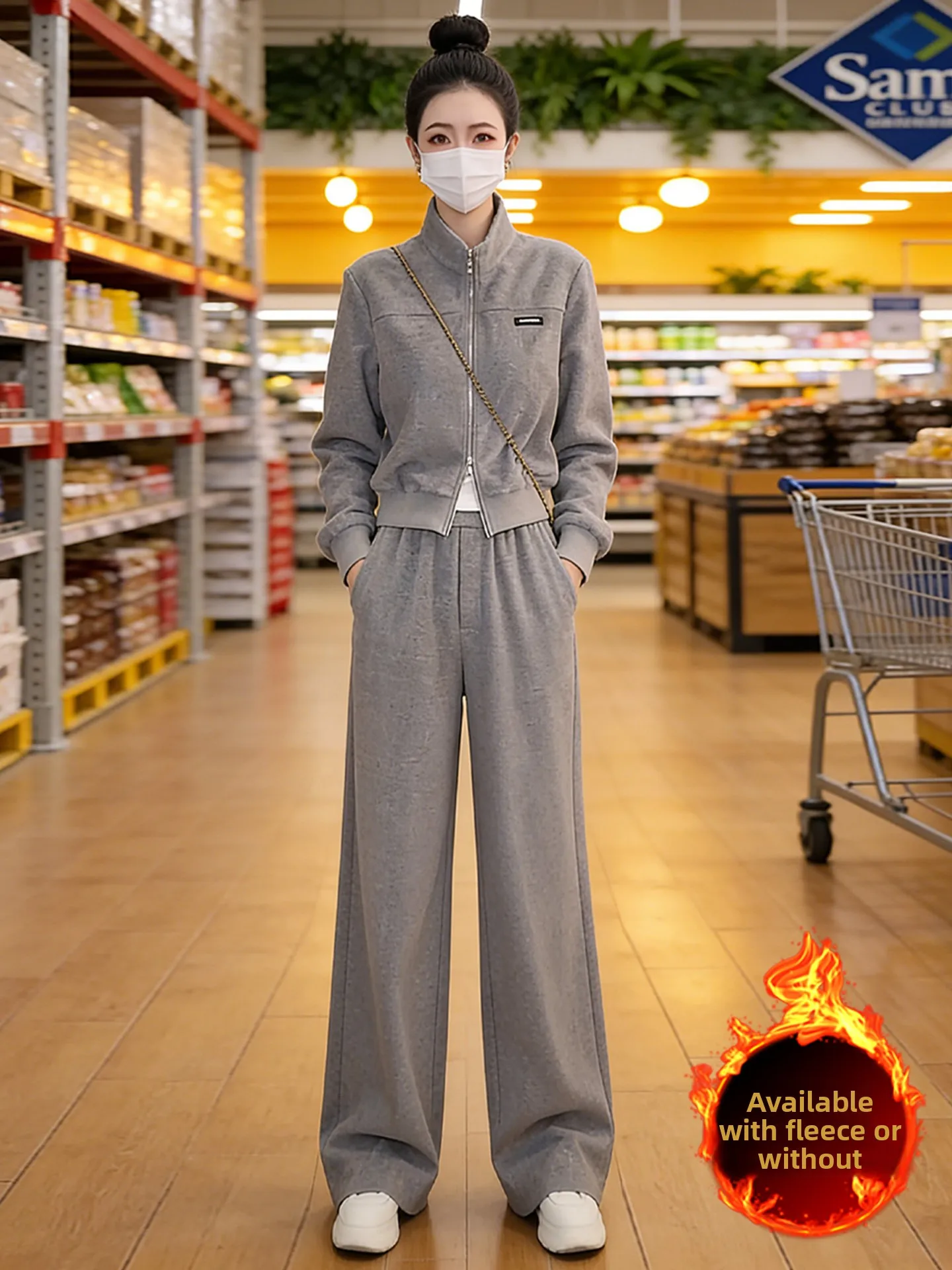 

Casual Fashion Set Women's Spring New Fleece Grey Long Sleeve Open Cardigan Wide Leg Pants Two Piece Set High Waist Long Pants