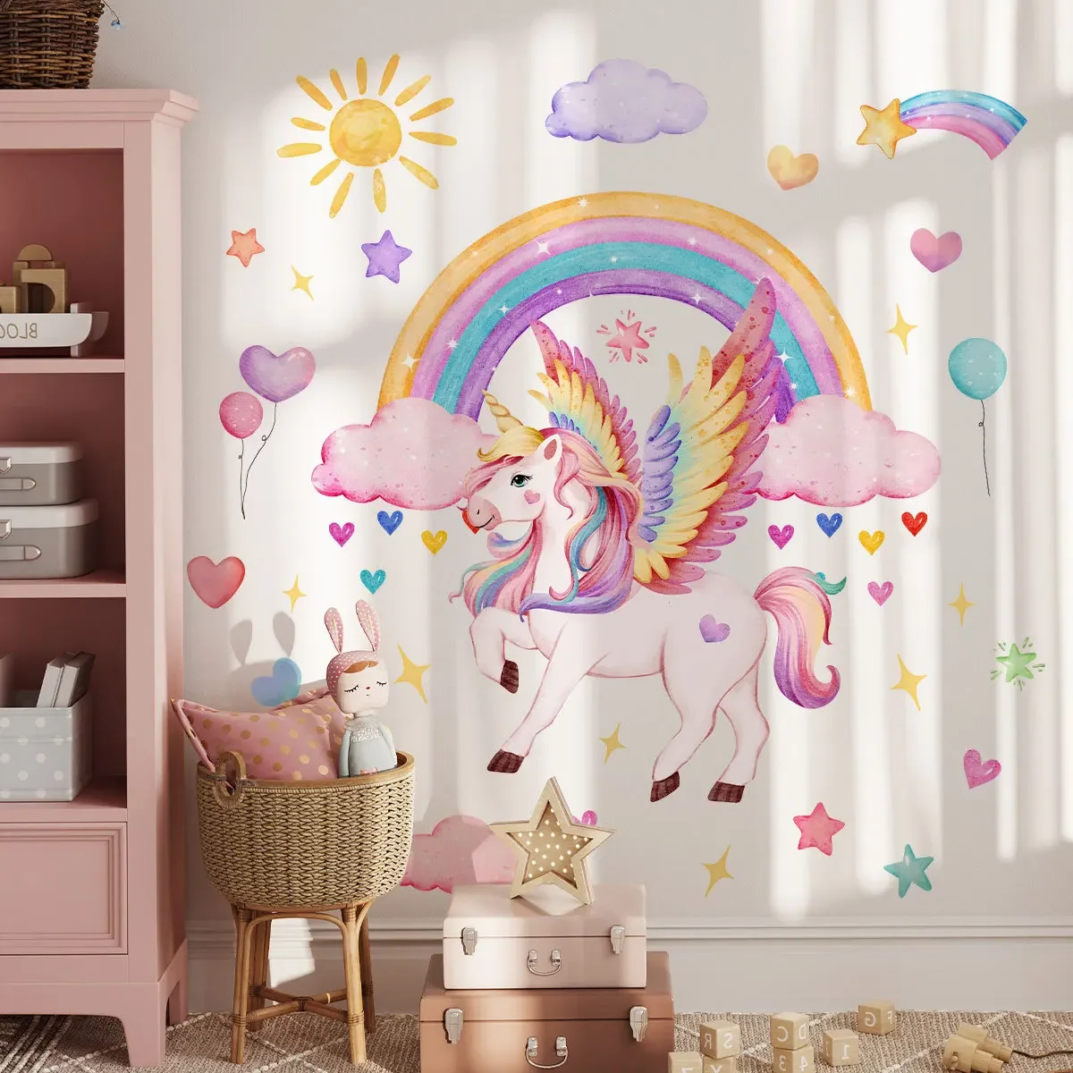 Large Cartoon Pink Rainbow Unicorn Wall Sticker Peel and Stick DIY Cloud Start Decals for Girls Room Kids Room Nursery Decor