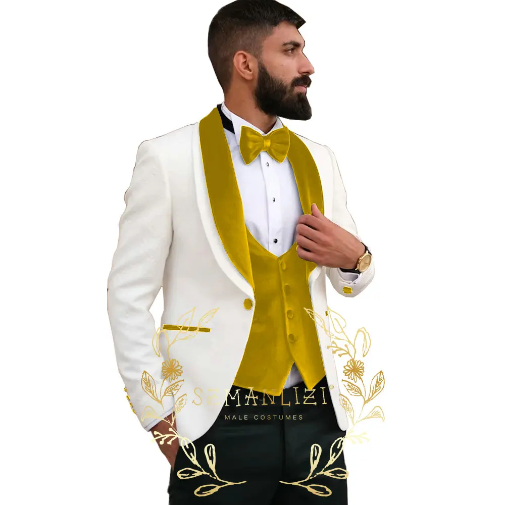 Classic White Jacquard 3 Pieces Men\'s Suits Tailor Made Business Formal Man Wear Wedding Suit Grooms Blazer Vest Pants Set