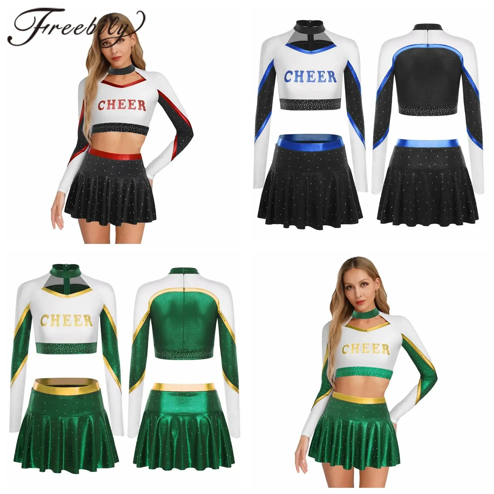Fashion Cheerleading Costume for Women Cheerleader Uniform Long Sleeve Cheer Dance Suits Shiny Metallic Cheering Team Outfits
