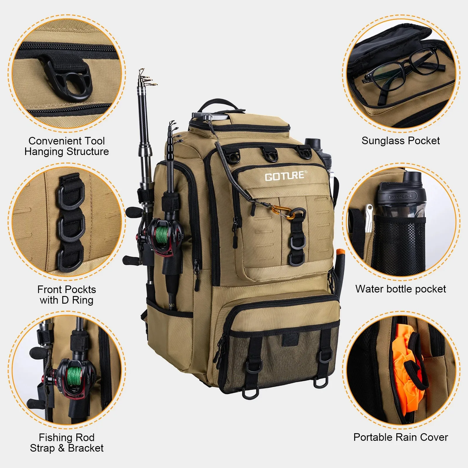 Goture Fishing Bag with Rod Holders 900D Waterproof Oxford Cloth Thermal Insulation Design Outdoor Camping Hiking Backpack