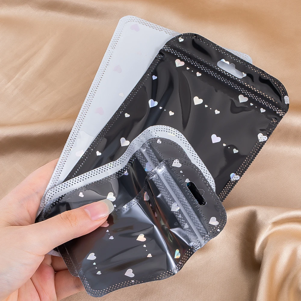 50pcs Black White Laser Heart Small jewelry Bag Zipper Bag Jewelry Pouch For Bead Product Entrepreneurship Cute Packing Supplies