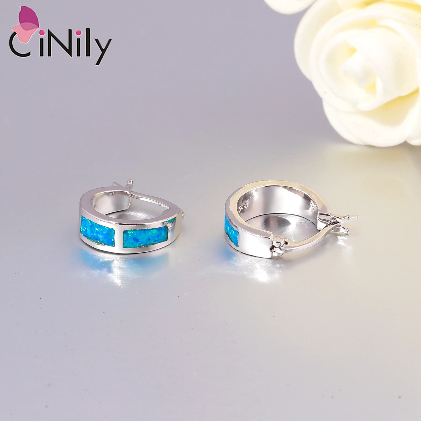 CiNily Stainless Steel Blue/White/Green Fire Opal Earrings for Women Girls Silver Color Adjustable Hoop Earrings Fashion Jewelry