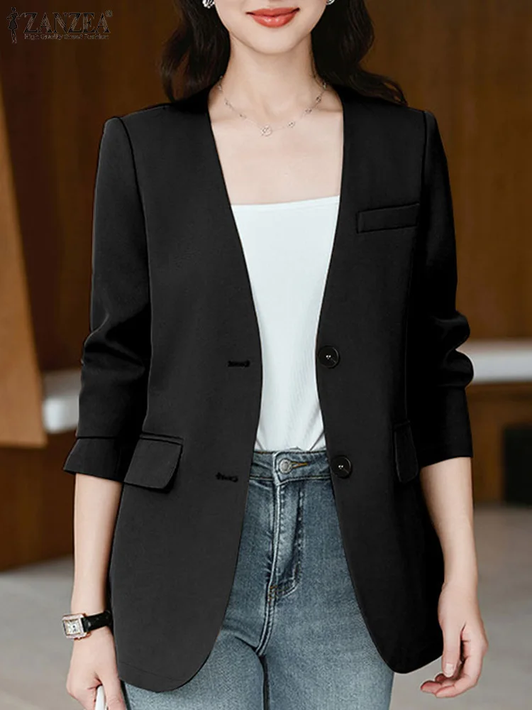 ZANZEA Elegant Solid Suit Jackets Long Sleeve Button Up Autumn 2024 V Neck Outwear Tops Office Lady Women Commute Fashion Blazer