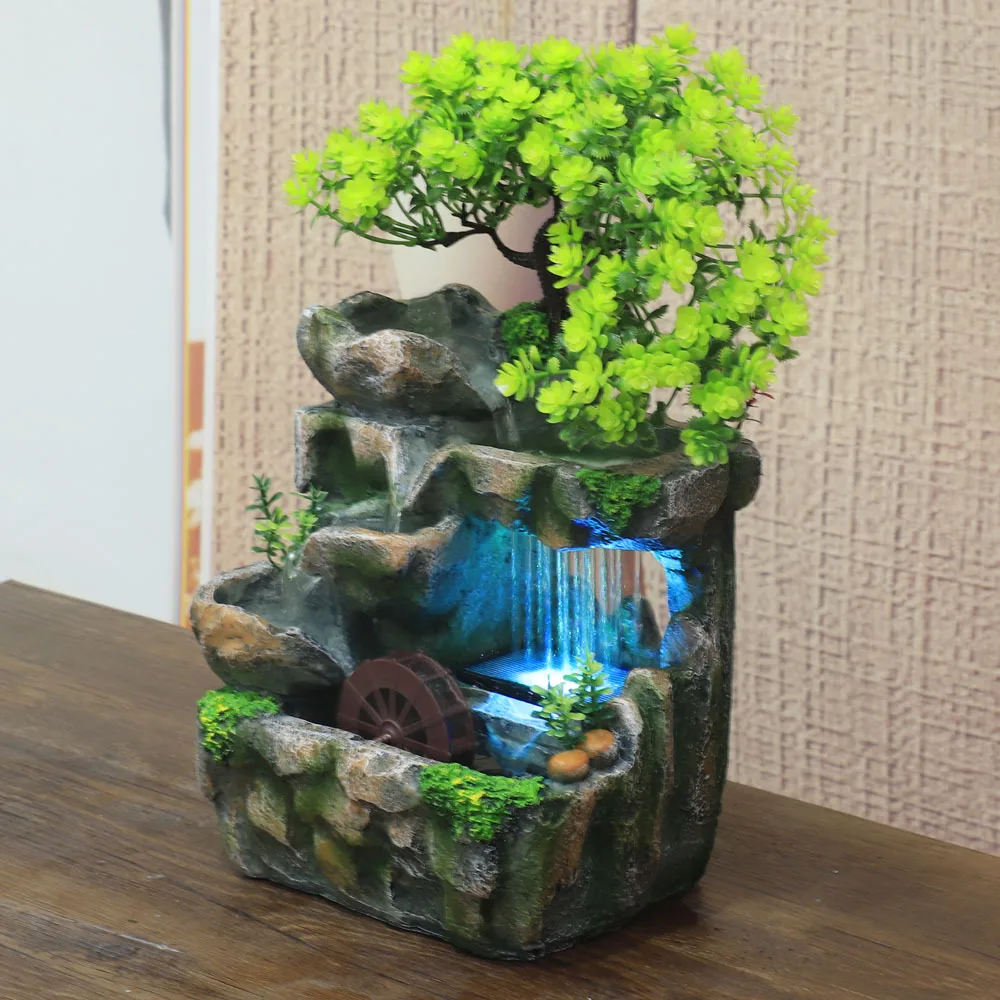 Creative Feng Shui Flowing Water Fountain Desktop Resin Rockery Landscape Waterfall Crafts with 7-Color Led Change Best Gift