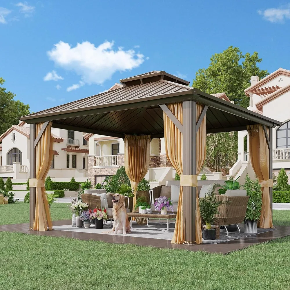 

10' x 10' Hardtop Gazebo, Metal with Aluminum Frame, Double Galvanized Steel Roof, Curtains and Netting Included, Pergolas