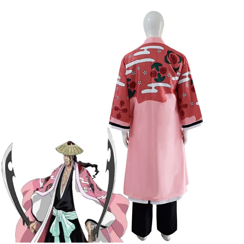 Max Cos Anime Kyoraku Shunsui Cosplay Costume Thousand-Year Blood War Pink Kimono Black Shinigami Attire Outfit Cloak Halloween