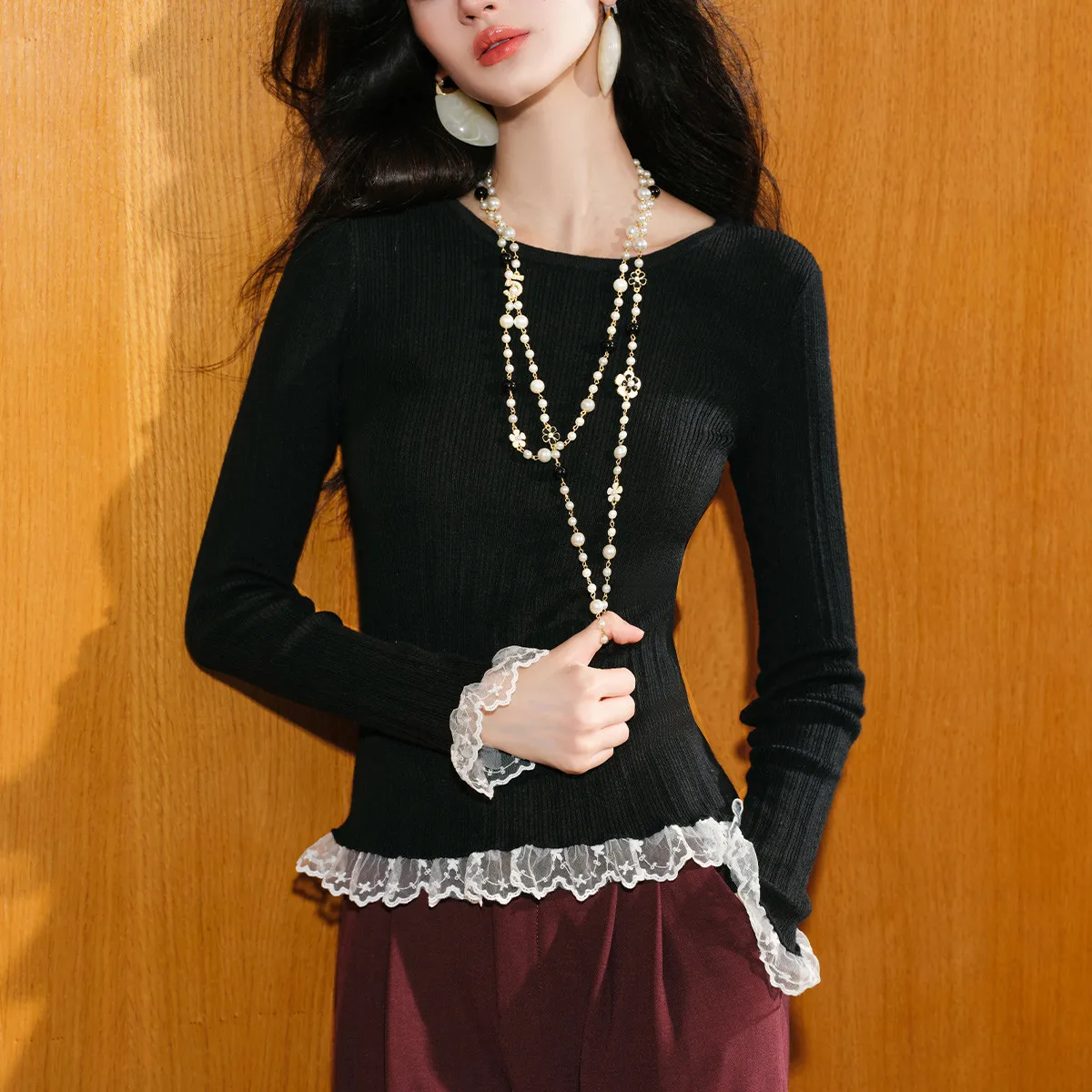 LOUIS YAO New Lace Contrast Color Long Sleeve Women's Knitted Pullovers 2025 Autumn Tops Knitwear Shirt Spliced Women's Sweater