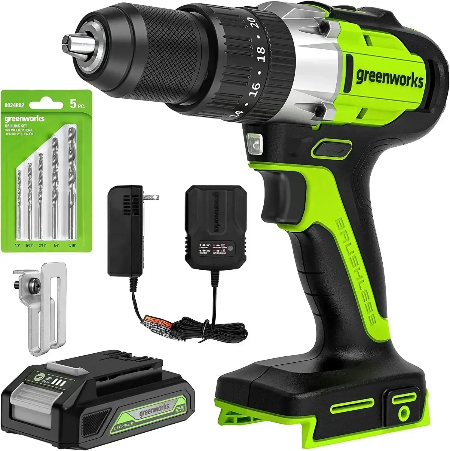 

24V Brushless 1/2" Hammer Drill (Metal Chuck / 530 in.-lbs. / 20+3 Clutch / LED Light) + 5 PC Drill Bits, 2.0Ah Battery and Char