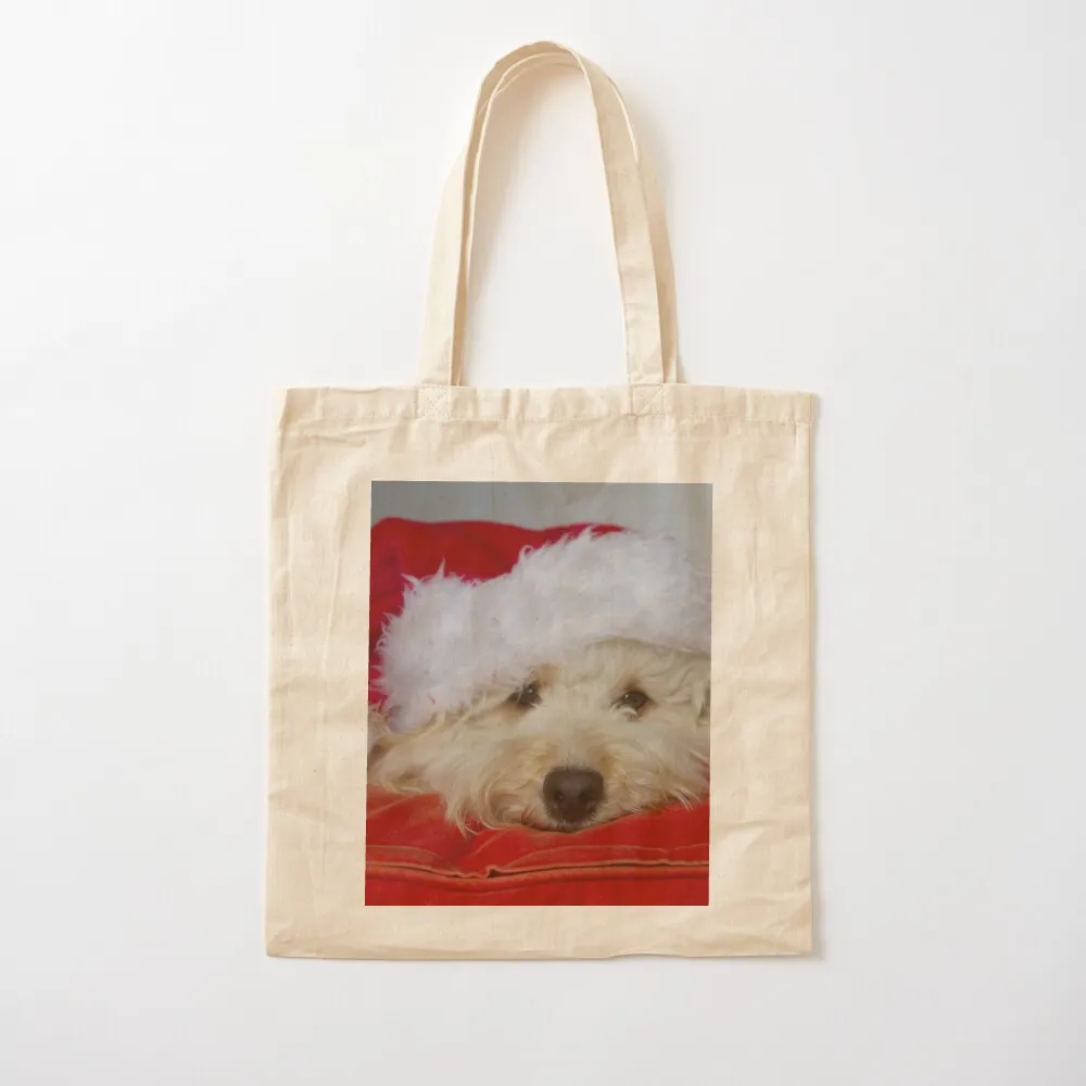 A cute white dog in a Santa hat Tote Bag tote bag screen Women's shopping bag shopper bags