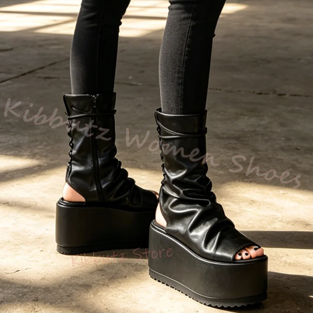 Lace-Up Thick Bottom Sandals Platform Ankle Boot Leather Round Toe Solid Color Goth Punk Style Elegant Concise Fashion Novelty - view 6