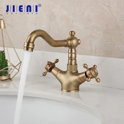 JIENI Swivel Antique Brass Kitchen Faucet Bathroom Basin Mixer Tap Dual Handles Deck Mount Stream Rotated Hot & Cold Water Tap