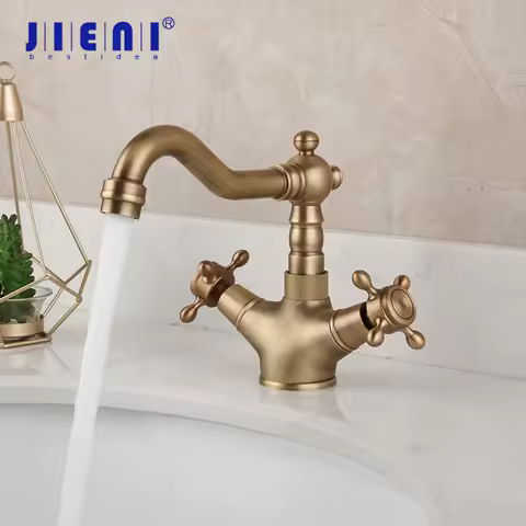 JIENI Swivel Antique Brass Kitchen Faucet Bathroom Basin Mixer Tap Dual Handles Deck Mount Stream Rotated Hot &amp; Cold Water Tap